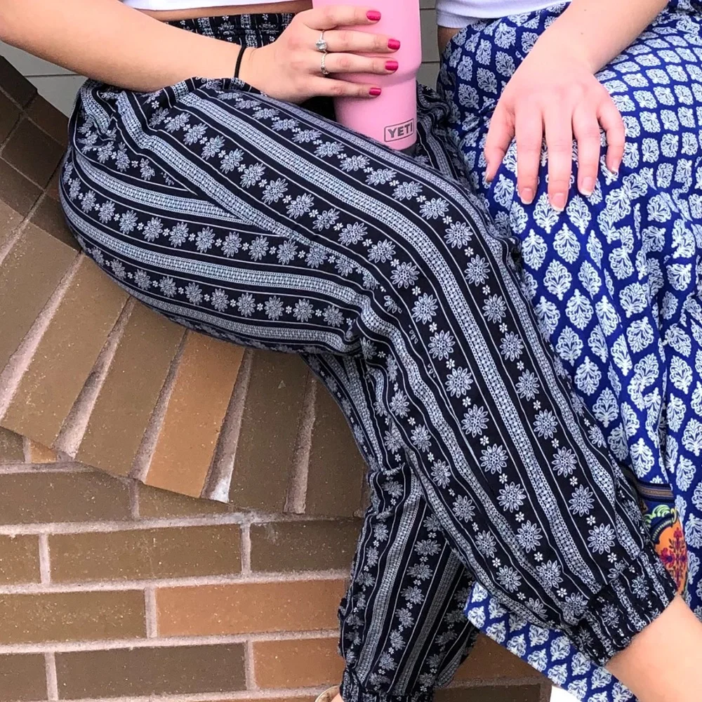 Navy Blue and White Patterned Women's Pants - Picture 2 of 10